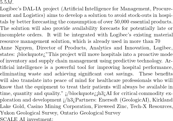 5.5M.  Logibec's DAL-IA project (Artificial Intelligence for Management, Procurement and Logistics) aims to develop a solution to avoid stock-outs in hospitals by better forecasting the consumption of over 50,000 essential products. The solution will also provide availability forecasts for potentially late or incomplete orders. It will be integrated with Logibec's existing material resource management solution, which is already used in more than 70% of Quebec's healthcare institutions.  Anne Nguyen, Director of Products, Analytics and Innovation, Logibec, states: <blockquote>"This project will move hospitals into a proactive mode of inventory and supply chain management using predictive technology. Artificial intelligence is a powerful tool for improving hospital performance, eliminating waste and achieving significant cost savings. These benefits will also translate into peace of mind for healthcare professionals who will know that the equipment to treat their patients will always be available in time, quantity and quality." </blockquote><h3>AI for critical commodity exploration and development </h3>Partners: Enersoft (GeologicAI), Kirkland Lake Gold, Casino Mining Corporation, Fireweed Zinc, Tech-X Resources, Yukon Geological Survey, Ontario Geological Survey  SCALE AI investment:
