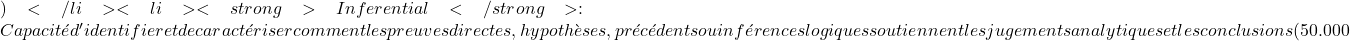 )</li>  	<li><strong>Inferential</strong> : Capacité d'identifier et de caractériser comment les preuves directes, hypothèses, précédents ou inférences logiques soutiennent les jugements analytiques et les conclusions (50.000